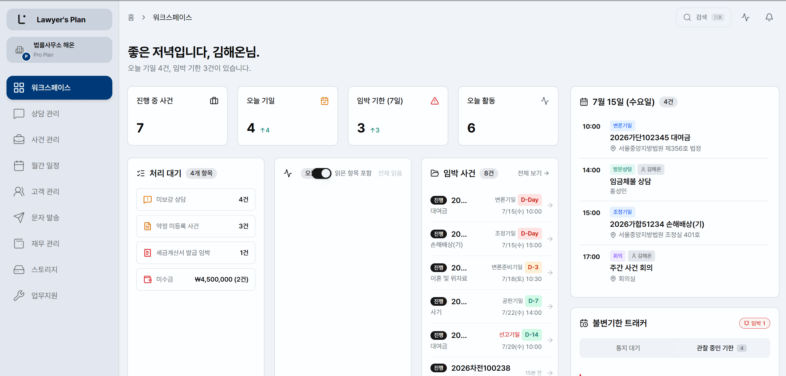 워크스페이스 대시보드 — 오늘 기일, 임박 기한, 활동 피드, 재무 현황